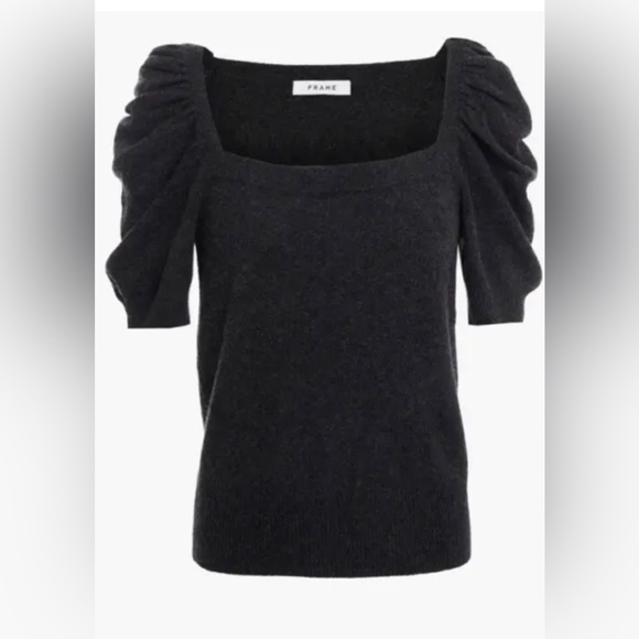 Frame Femme Square Neck Puffed Short Sleeve Charcoal Cashmere Sweater Size XS
